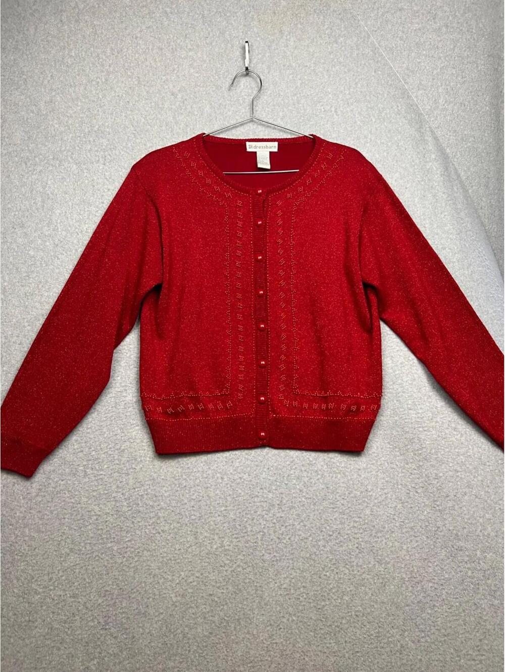 Vintage Dressbarn Womens Metallic Button Front Beaded Cardigan L Holiday Red
